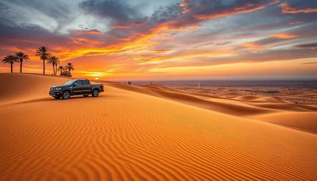 Luxury Desert Safari in Dubai with sunset over golden dunes